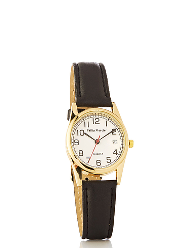 Mens Quartz Date Watch with Black Strap - Gold
